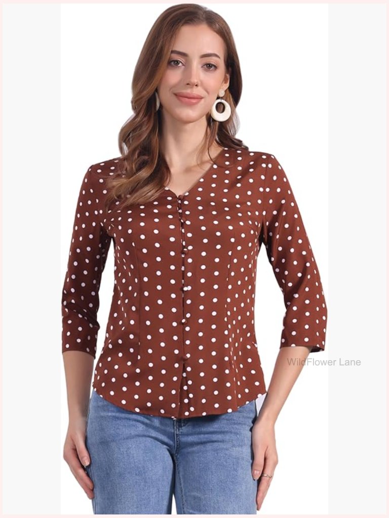 Vintage Polka Dots 3/4 Sleeve Button Front V Neck Blouse Top